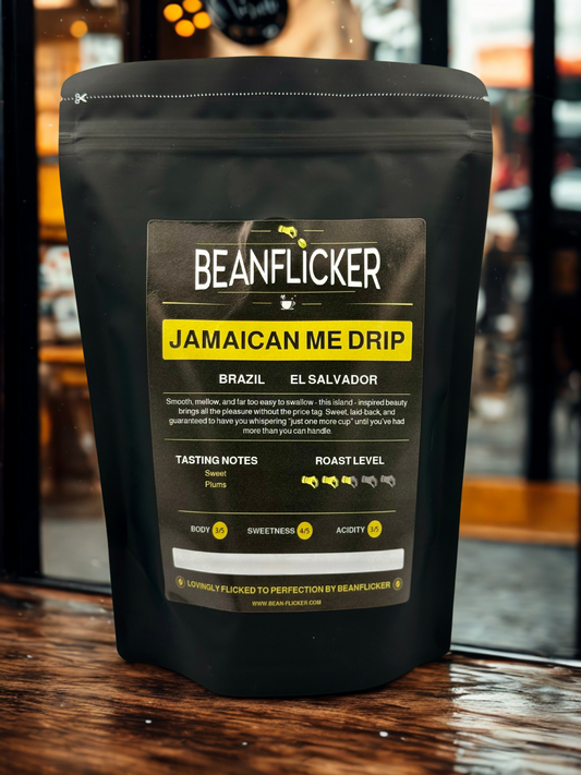 Jamaican Me Drip a premium quality coffee blend from Brazil and El Salvador by Beanflicker.