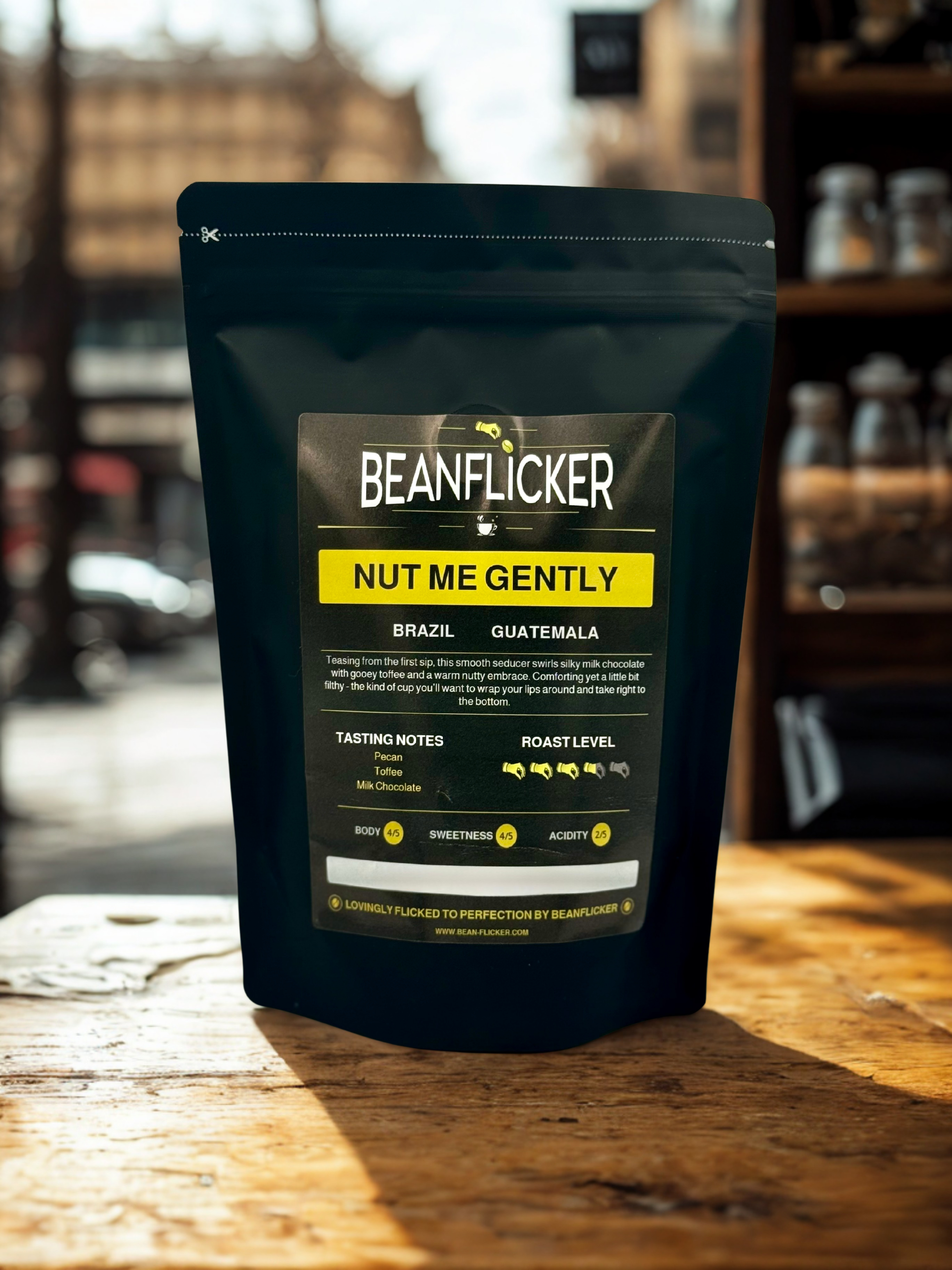 Nut Me Gently a premium quality arabica espresso coffee from Guatemala and Brazil by Beanflicker. 